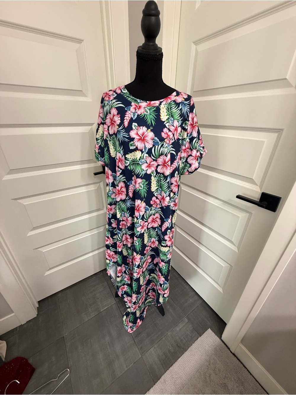 Source Unknown Navy Floral Maxi Dress with Pink Hibiscus